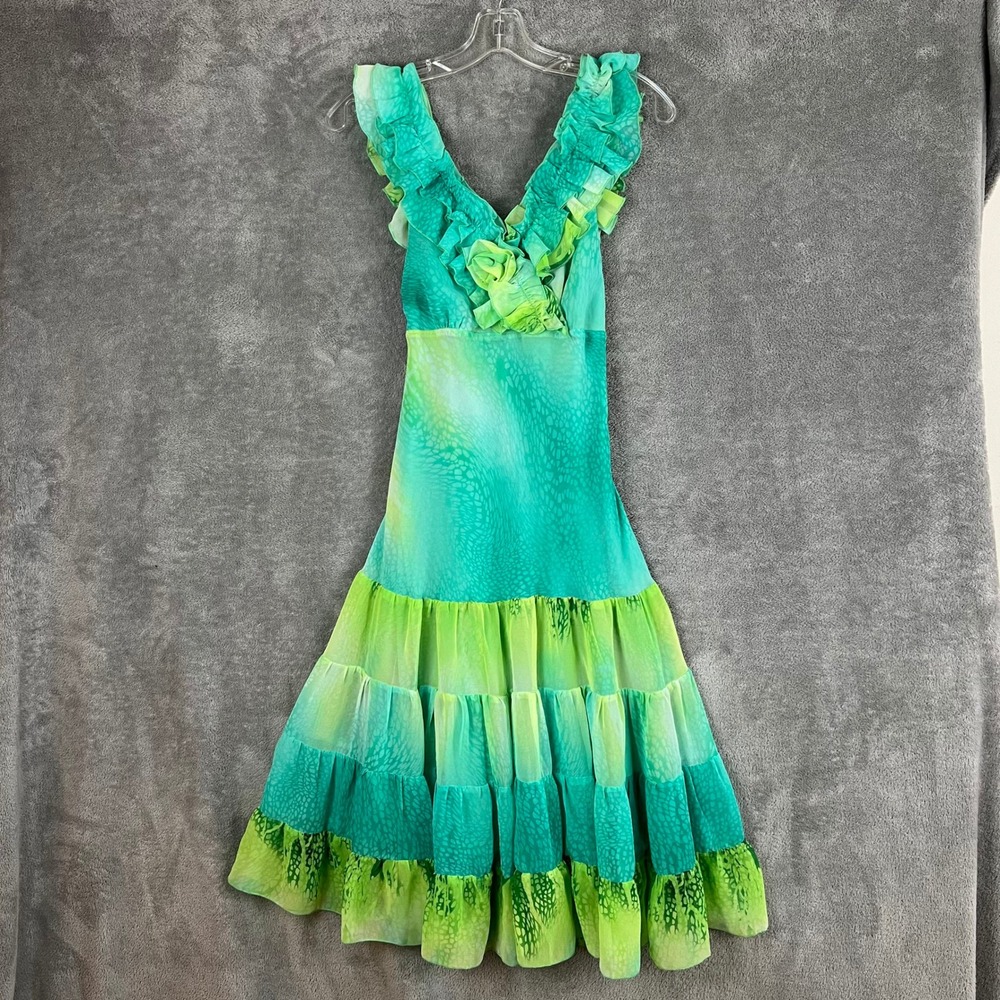 Luany Casual Green Ombre Ruffle Tiered Midi Dress Y2K Mermaidcore Rosette Size 9